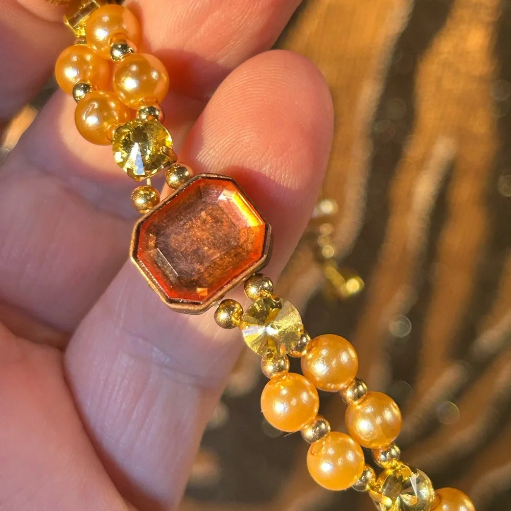 Handcrafted vintage gem citrine dome crystal pearl beaded bracelet